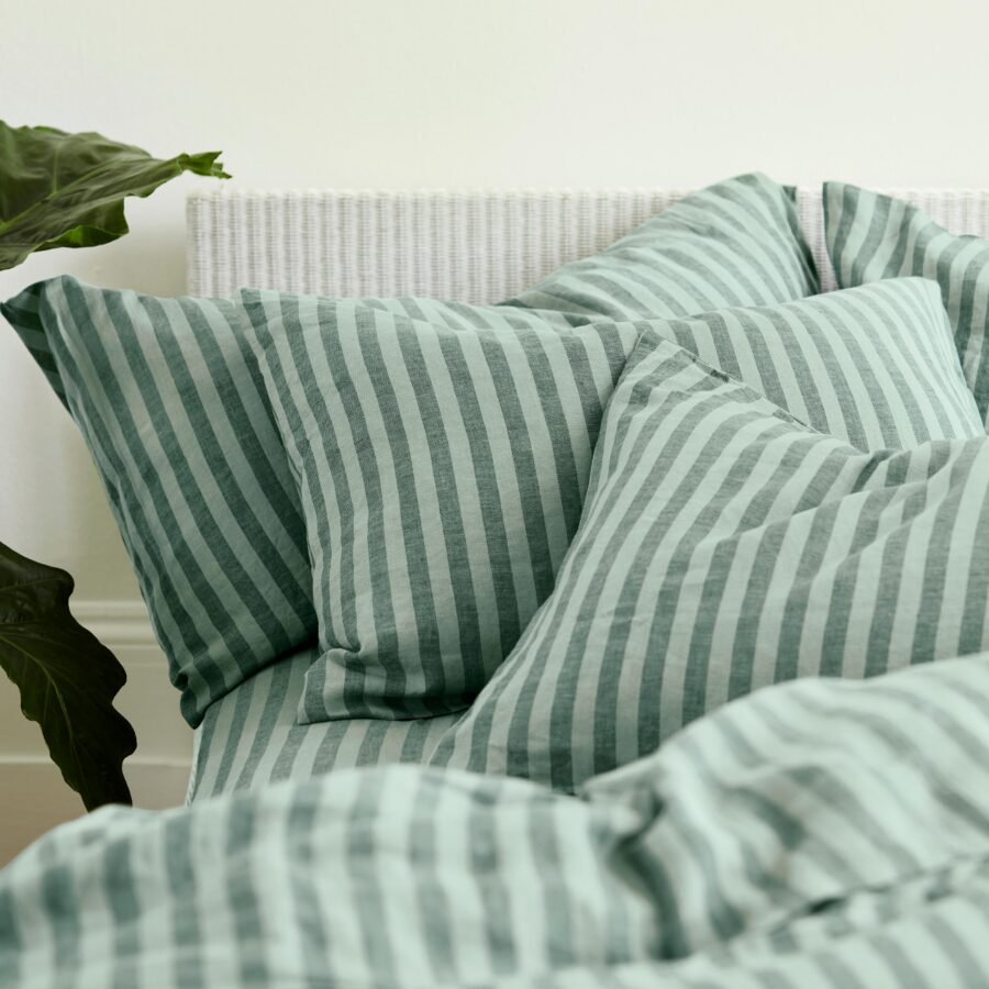 Pine Green Striped Linen Pillowcase Pair