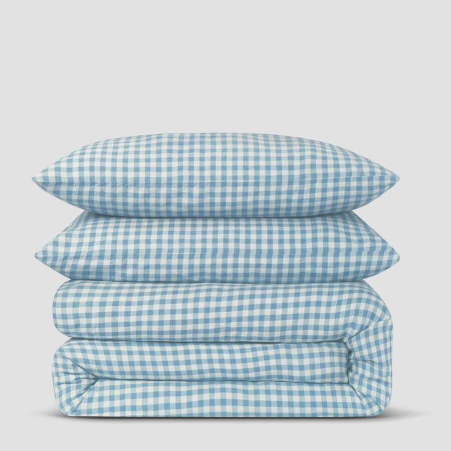 Warm Blue Gingham Linen Blend Bedding Set