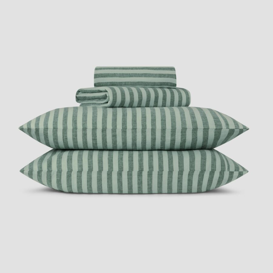 Pine Green Striped Linen Blend Bedding Set Style 2
