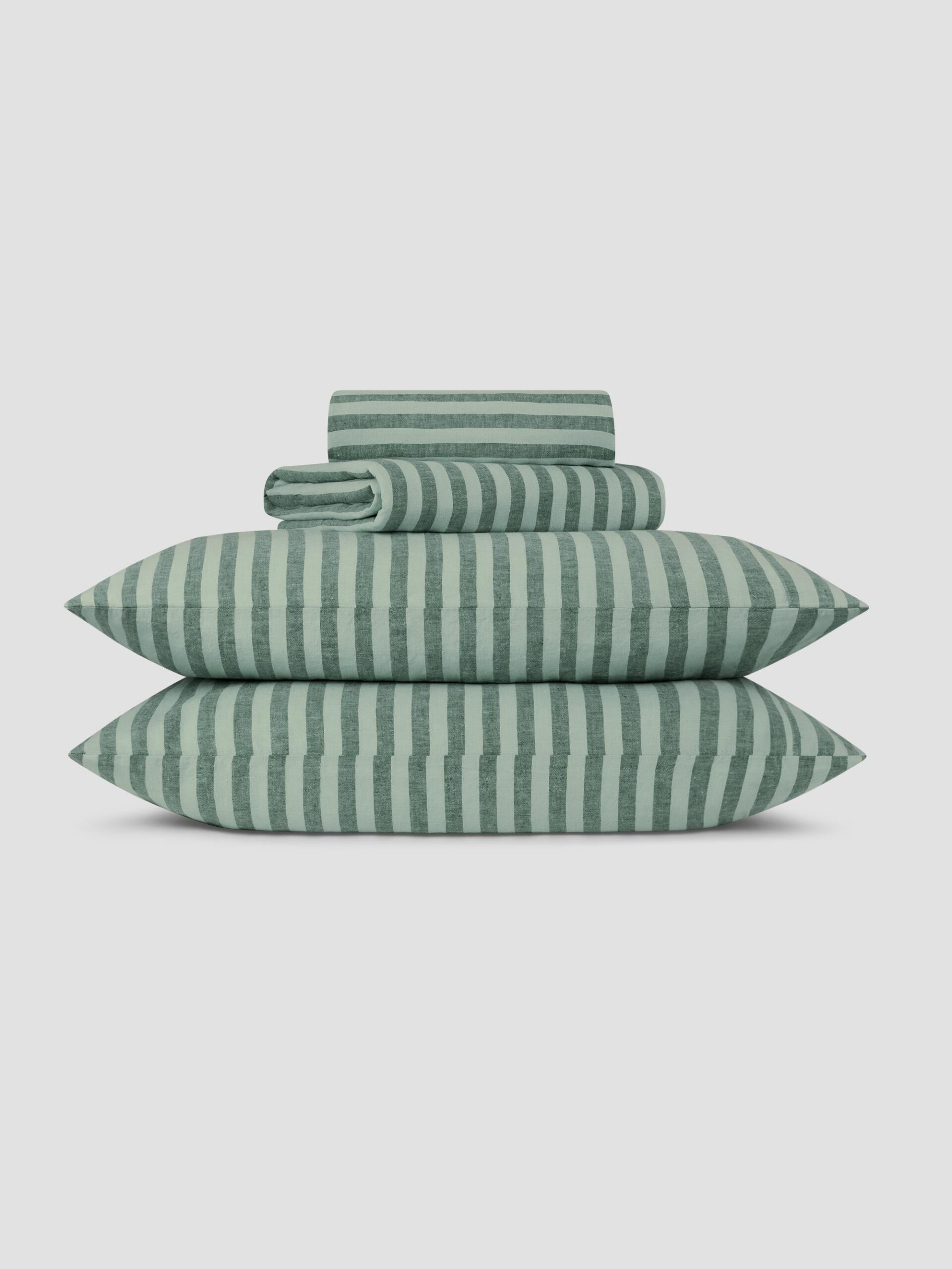Pine Green Striped Linen Blend Bedding Set Style 2